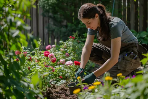 Jardinier avec vêtements de jardinage ergonomiques.