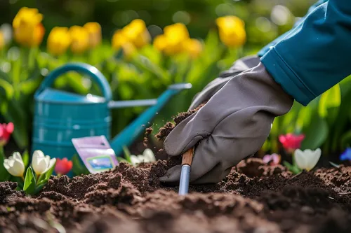 Mains gantées prêtes pour le jardinage.